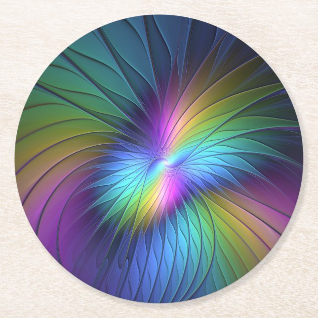 Colourful With Blue Modern Abstract Fractal Art Round Paper Coaster (Front)