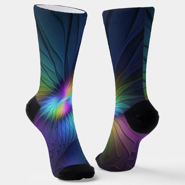 Colourful With Blue Modern Abstract Fractal Art Socks (Angled)