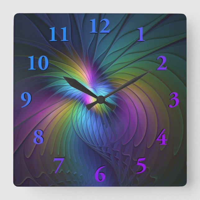 Colourful With Blue Modern Abstract Fractal Art Square Wall Clock (Front)