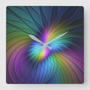 Colourful With Blue Modern Abstract Fractal Art Square Wall Clock