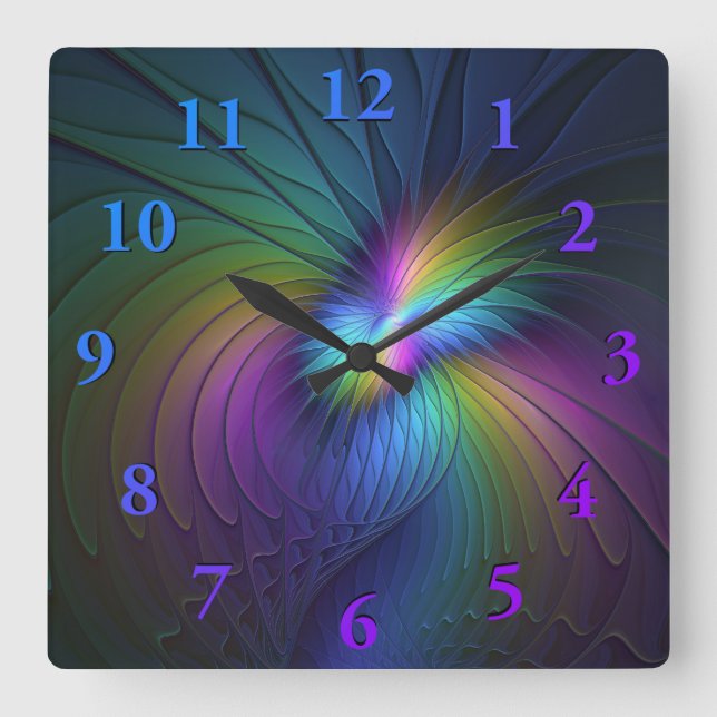 Colourful With Blue Modern Abstract Fractal Art Square Wall Clock (Front)