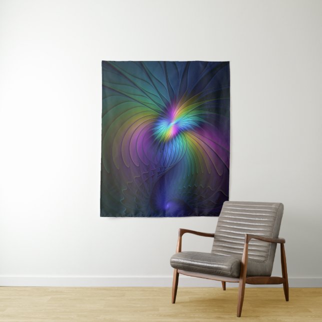 Colourful With Blue Modern Abstract Fractal Art Tapestry (In Situ)