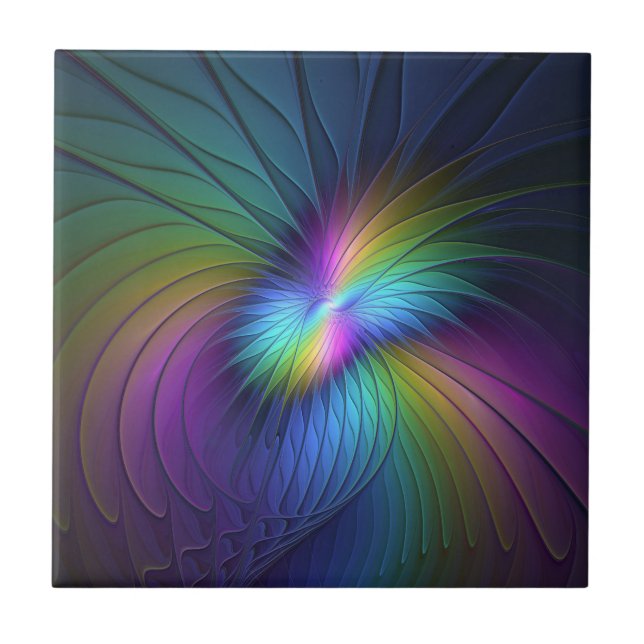 Colourful With Blue Modern Abstract Fractal Art Tile (Front)