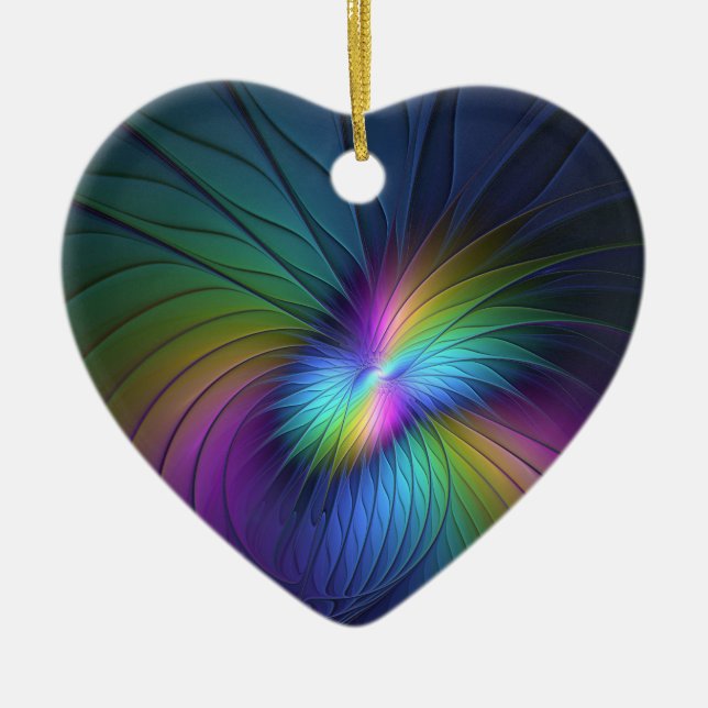 Colourful With Blue Modern Abstract Fractal Heart Ceramic Tree Decoration (Front)