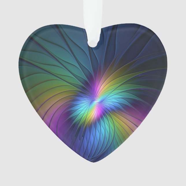 Colourful With Blue Modern Abstract Fractal Heart Ornament (Front)
