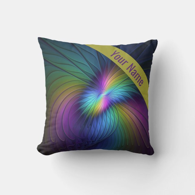 Colourful With Blue Modern Abstract Fractal Name Cushion (Front)