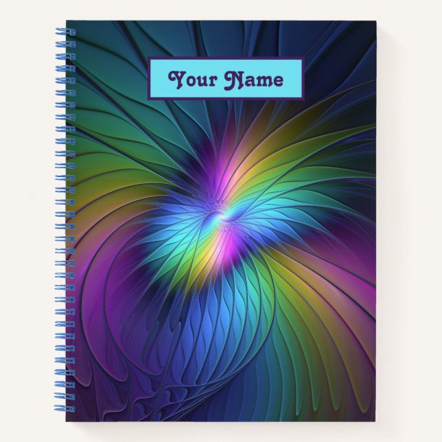 Colourful With Blue Modern Abstract Fractal Name Notebook (Front)