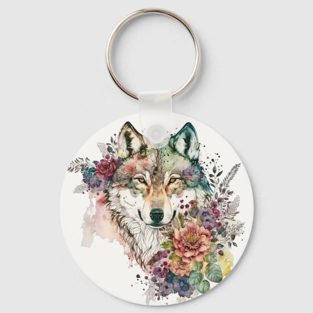 Colourful Wolf and Florals Watercolor in Nature Ke Key Ring (Front)