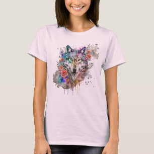 Colourful Wolf and Florals Watercolor in Nature T-Shirt