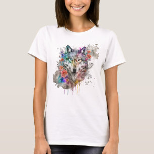 Colourful Wolf and Florals Watercolor in Nature T-Shirt
