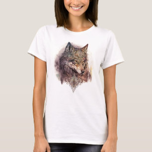Colourful Wolf and Florals Watercolor in Nature T-Shirt
