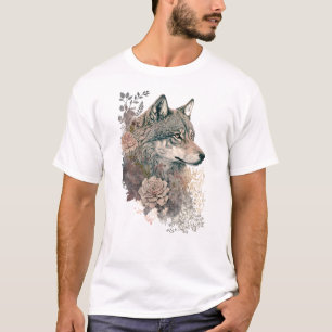 Colourful Wolf and Florals Watercolor in Nature T-Shirt