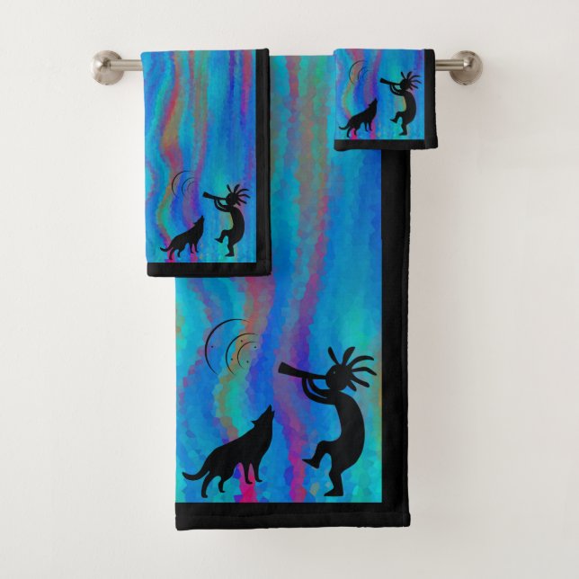 Colourful Wolf and Kokopelli  Bath Towel Set (Insitu)