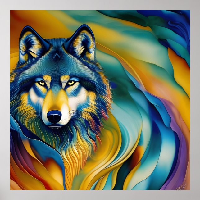 Colourful Wolf and Mountain Waves Poster (Front)