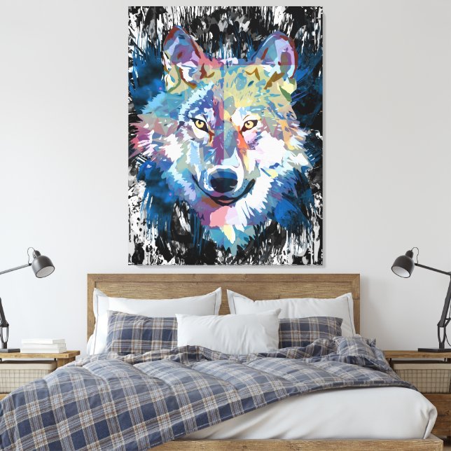 Colourful Wolf Canvas Print | Wolf Head Art Print (Insitu(Bedroom))