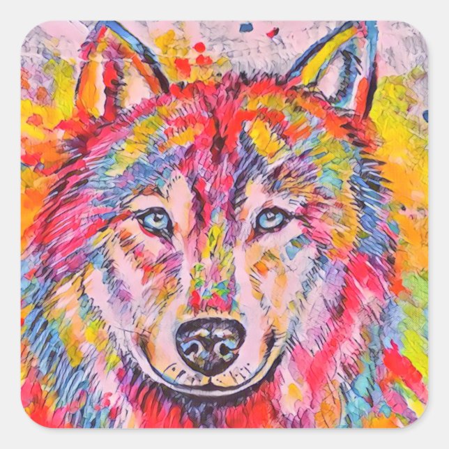 Colourful Wolf Expressionist Painting Square Sticker (Front)