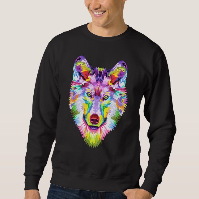 Colourful Wolf Head Art Face For Wolves Wildlife Sweatshirt (Front)