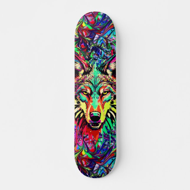 Colourful Wolf Head - Wolf Skateboard Deck (Front)