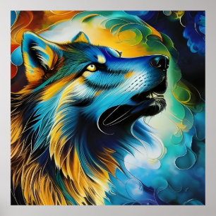 Colourful Wolf Howl Poster