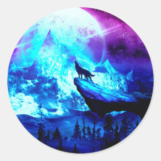 Colourful wolf howling classic round sticker