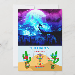 Colourful wolf howling invitation