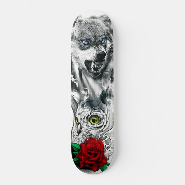 Colourful Wolf Owl Rose Nature Deck Skateboard (Front)