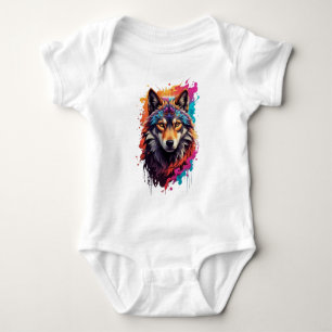 Colourful Wolf Portrait Abstract Animal Art-87694 Baby Bodysuit