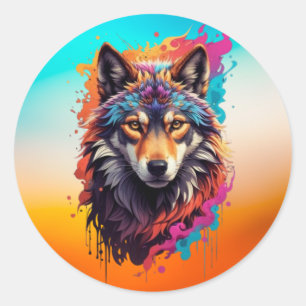 Colourful Wolf Portrait Abstract Animal Art-87694 Classic Round Sticker