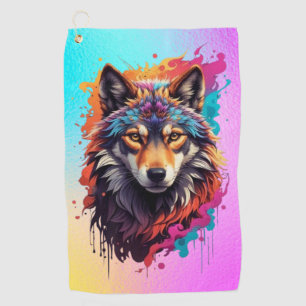 Colourful Wolf Portrait Abstract Animal Art-87694 Golf Towel
