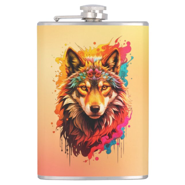 Colourful Wolf Portrait Abstract Animal Art-87694 Hip Flask (Front)