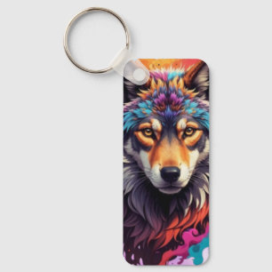Colourful Wolf Portrait Abstract Animal Art-87694 Key Ring