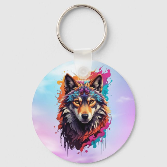Colourful Wolf Portrait Abstract Animal Art-87694 Key Ring (Front)