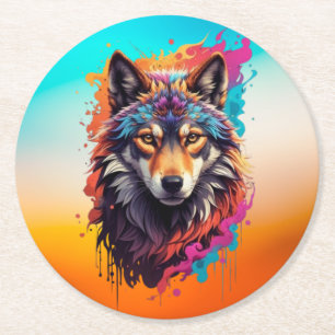 Colourful Wolf Portrait Abstract Animal Art-87694 Round Paper Coaster