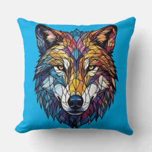 Colourful Wolf Silhouette in Mosaic Stained Glass Cushion
