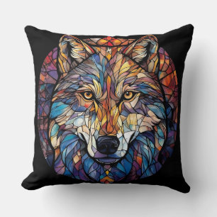 Colourful Wolf Silhouette in Mosaic Stained Glass Cushion