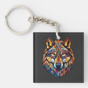 Colourful Wolf Silhouette in Mosaic Stained Glass Key Ring