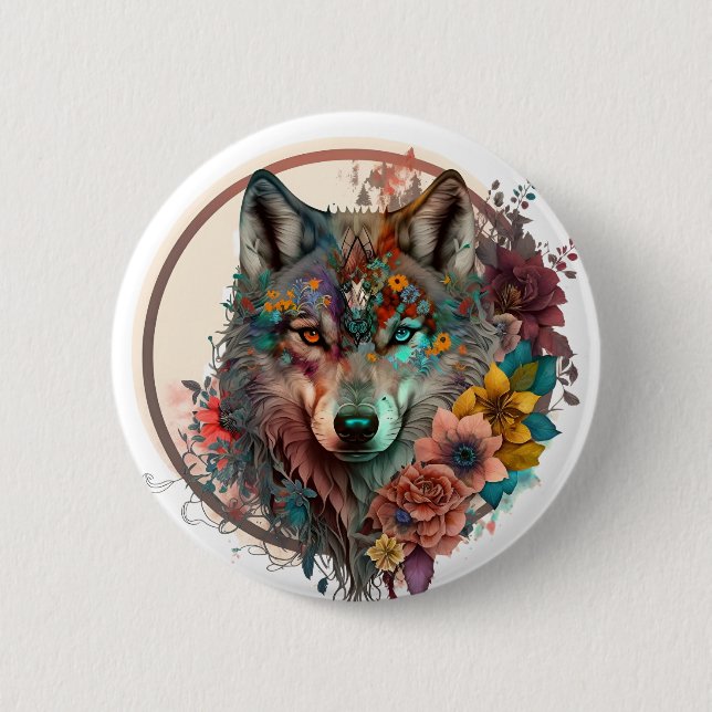 Colourful Wolf With Flowers 6 Cm Round Badge (Front)
