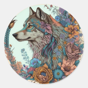 Colourful Wolf With Flowers Classic Round Sticker