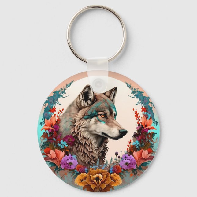 Colourful Wolf With Flowers Key Ring (Front)