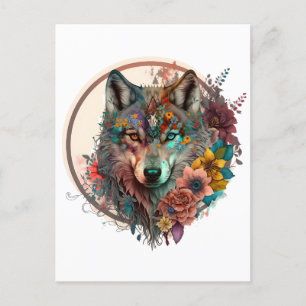 Colourful Wolf With Flowers Postcard