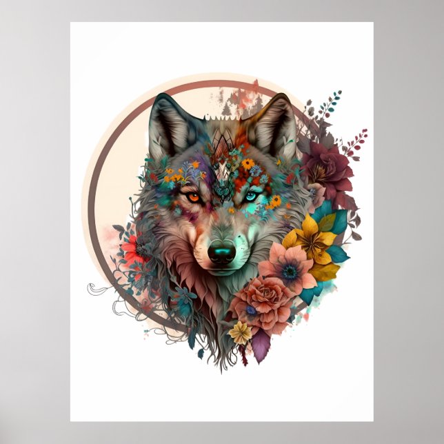 Colourful Wolf With Flowers Poster (Front)