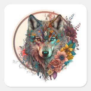 Colourful Wolf With Flowers Square Sticker