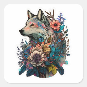 Colourful Wolf With Flowers Square Sticker