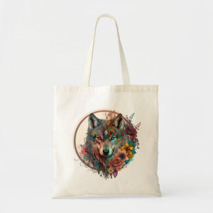 Colourful Wolf With Flowers Tote Bag