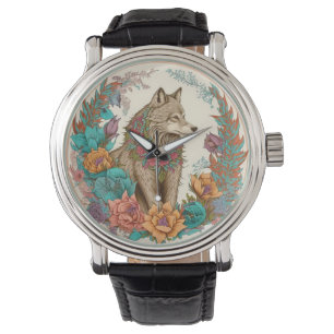 Colourful Wolf With Flowers Watch