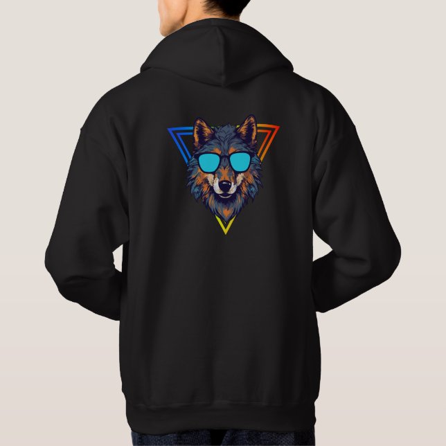 Colourful Wolf with Sunglasses Hoodie, Fun & Trend Hoodie (Back)