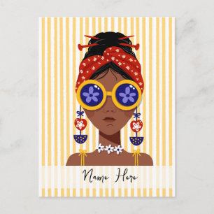 Colourful Woman Head Illustration on Yellow Postca Postcard