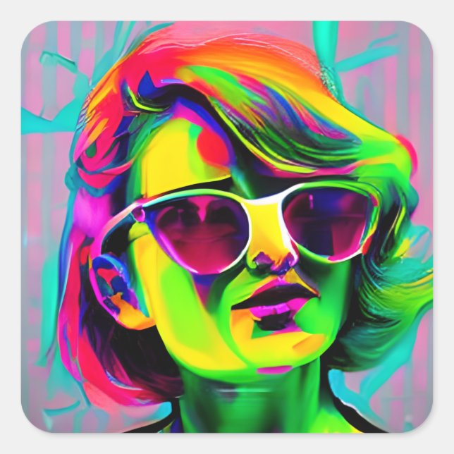 Colourful Woman in Sunglasses Modern Art Square Sticker (Front)