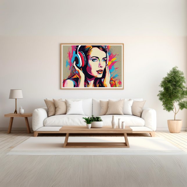 Colourful Woman Listens to Music Pop Art  Poster (Colorful Woman Listens to Music Pop Art Poster)