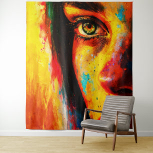 Colourful Woman Portrait Vibrant Close-Up Eye  Tapestry
